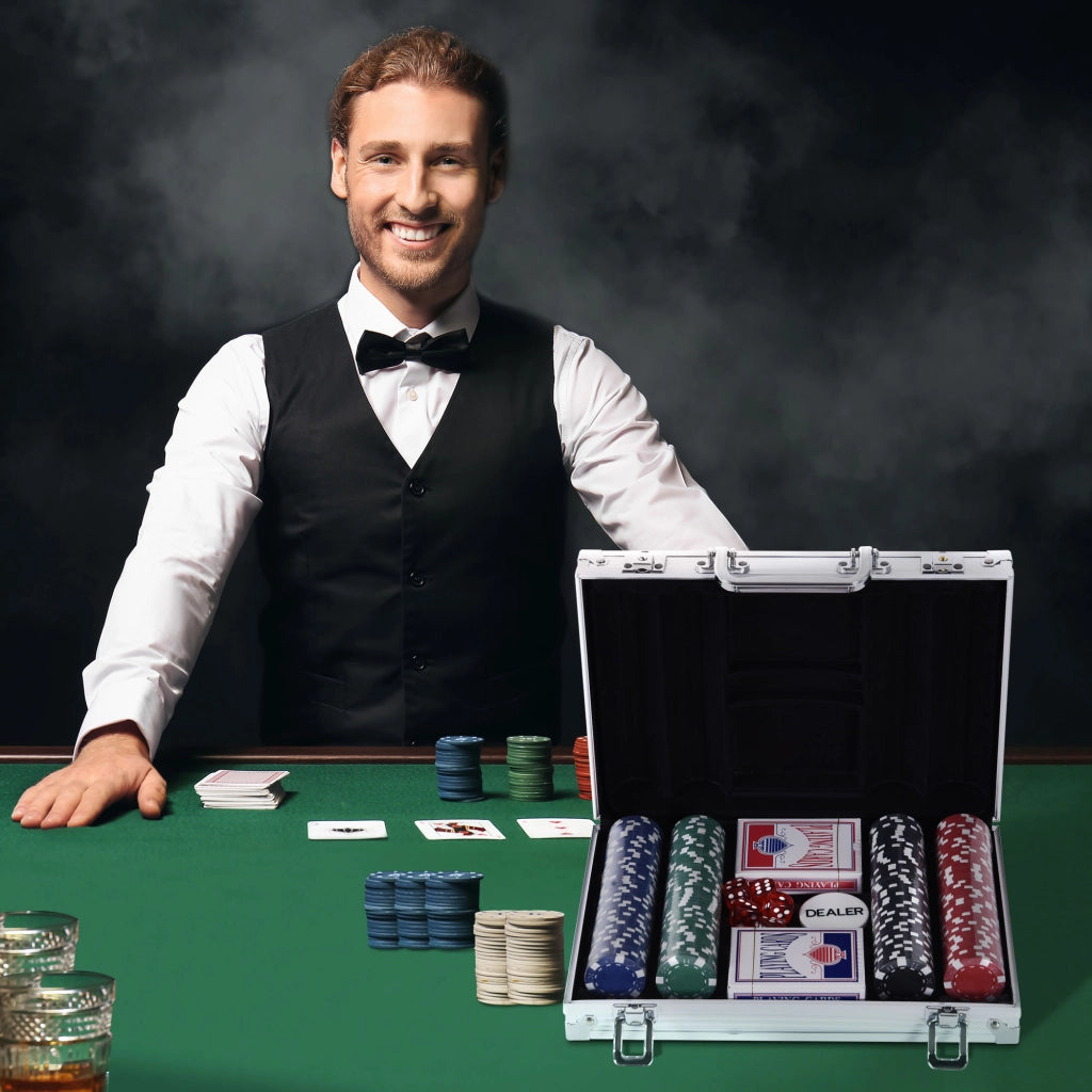 Set Poker Professionale 200 Fiches ¨C Xylo ¨C Valigetta Alluminio con Dadi Carte Dealer 29,5x20,5x6,5 cm