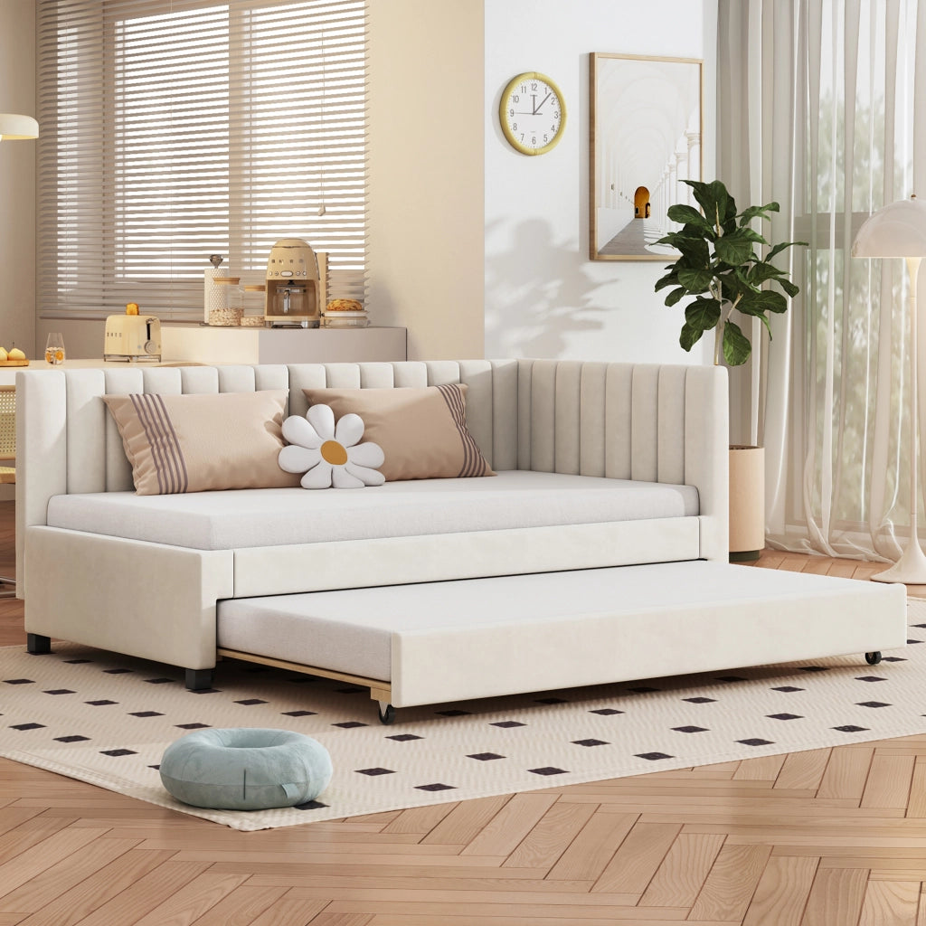 DESMIU Lit gigogne 90 × 200 cm 1 place con letto estraibile, senza materasso, in velluto beige