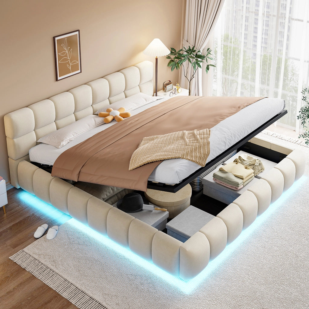 LETTO Contenitore 180x200 cm Velluto Beige con LED