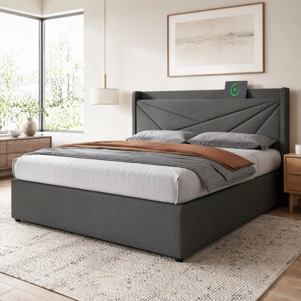 LETTO Contenitore 160x200 cm Grigio Cotone-Lino con USB e Tipo-C