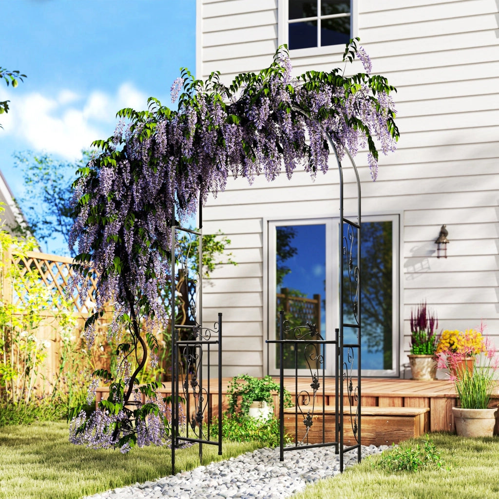 Arco da Giardino con Cancello 107x45x217 cm Traliccio per Piante Rampicanti in Metallo Nero