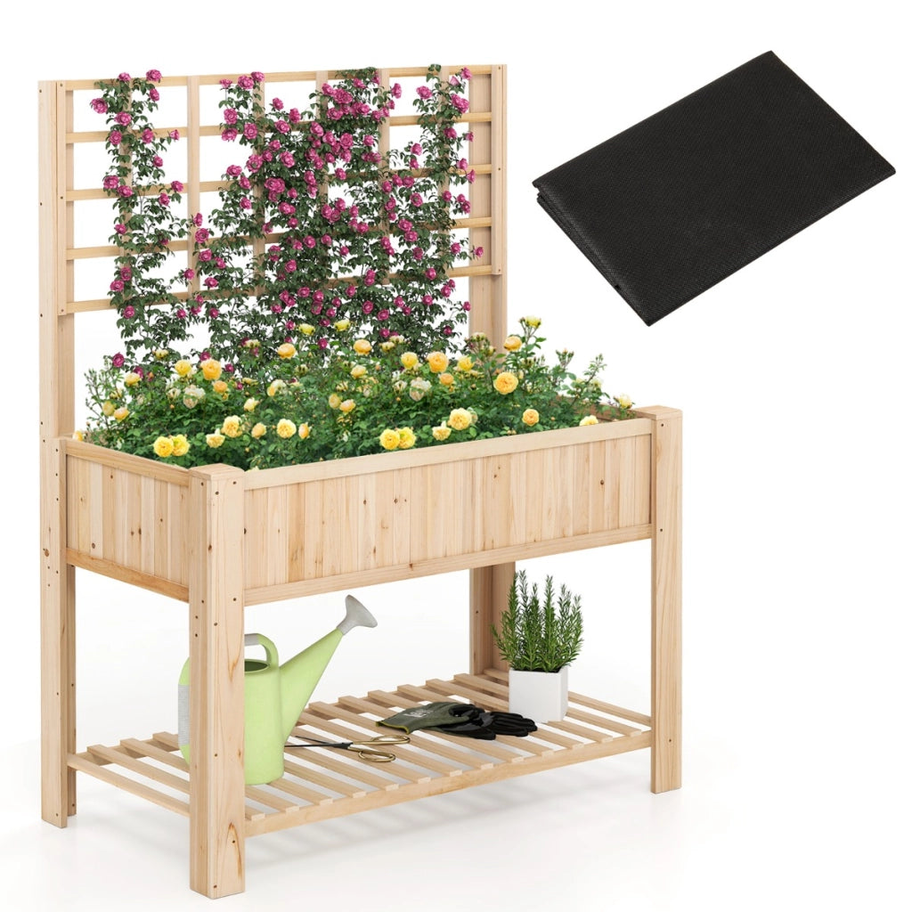 Letto da giardino rialzato con traliccio, Fioriera alta in legno con mensola di stoccaggio e fori di drenaggio Naturale-Fioriere