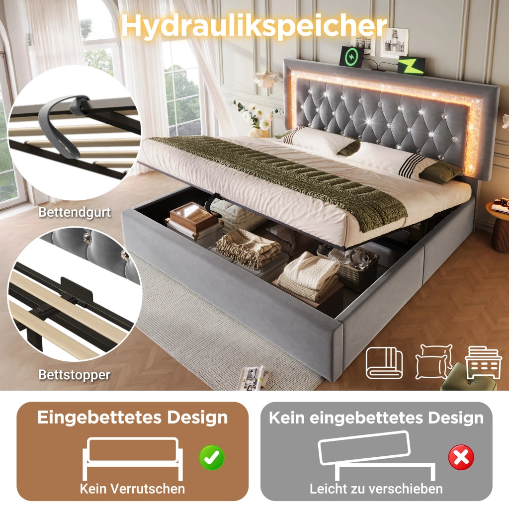 letto imbottito velluto grigio 140x200 cm