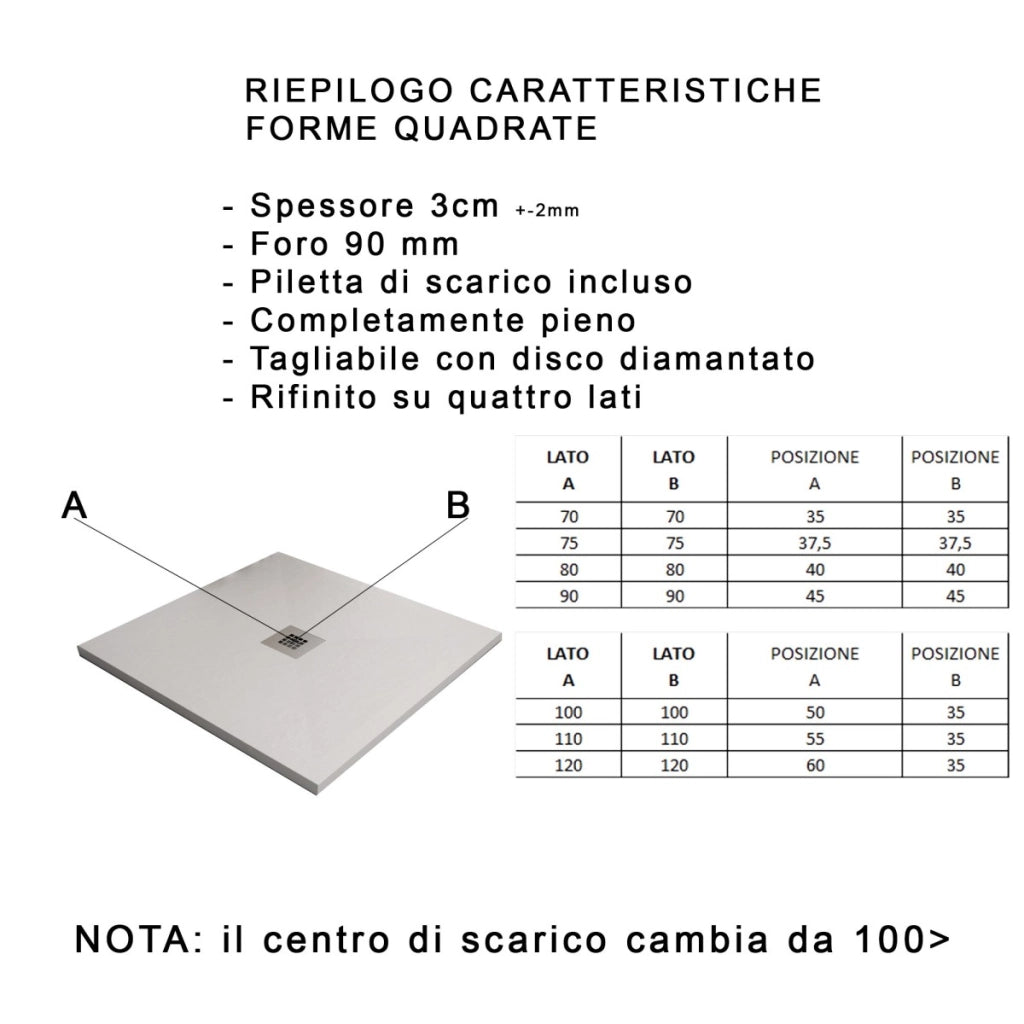 Piatto doccia in marmo resina bianco pietra cemento plus, misura 75x110