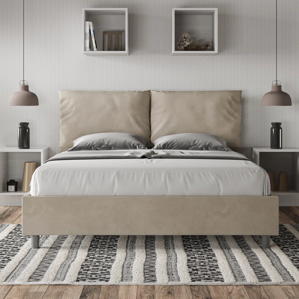 BS COM Letto matrimoniale contenitore doppia alzata imbottito 160x200 microfibra sabbia