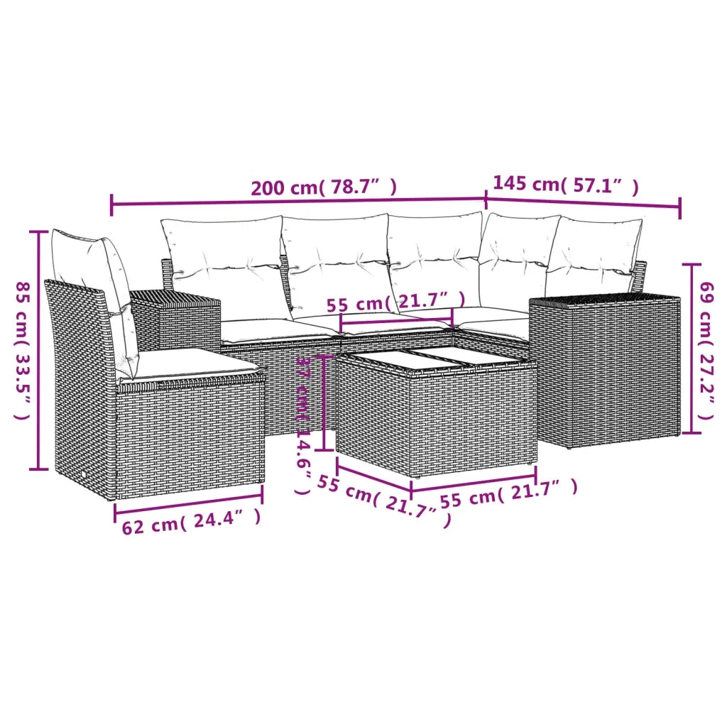 Set Divano da Giardino 6 pz con Cuscini Nero in Polyrattan 3254912