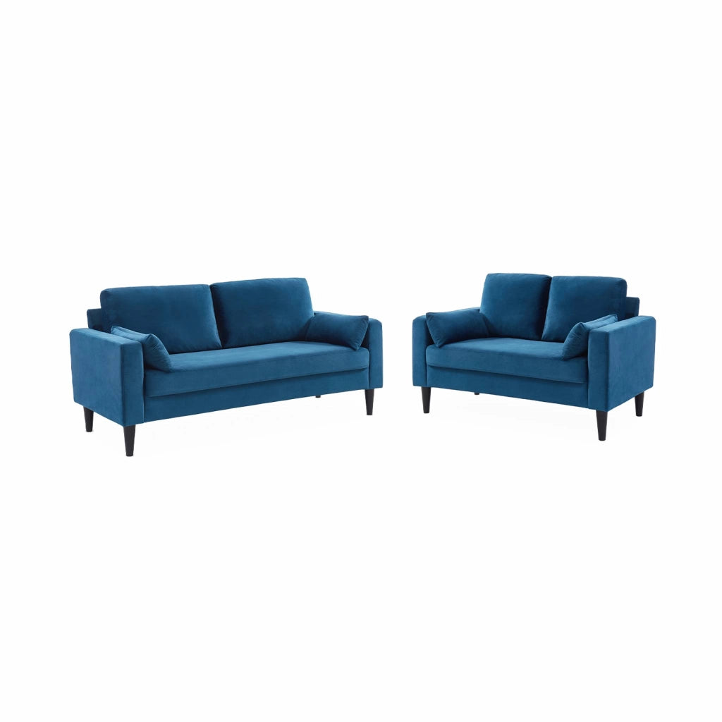 Divano in tessuto con gambe in legno, 2 posti, blu
