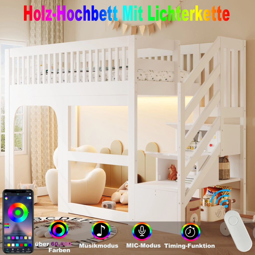 Letto a soppalco a casetta 90x200 cm con porta; finestra; scala contenitore; area gioco; LED e rete; legno bianco