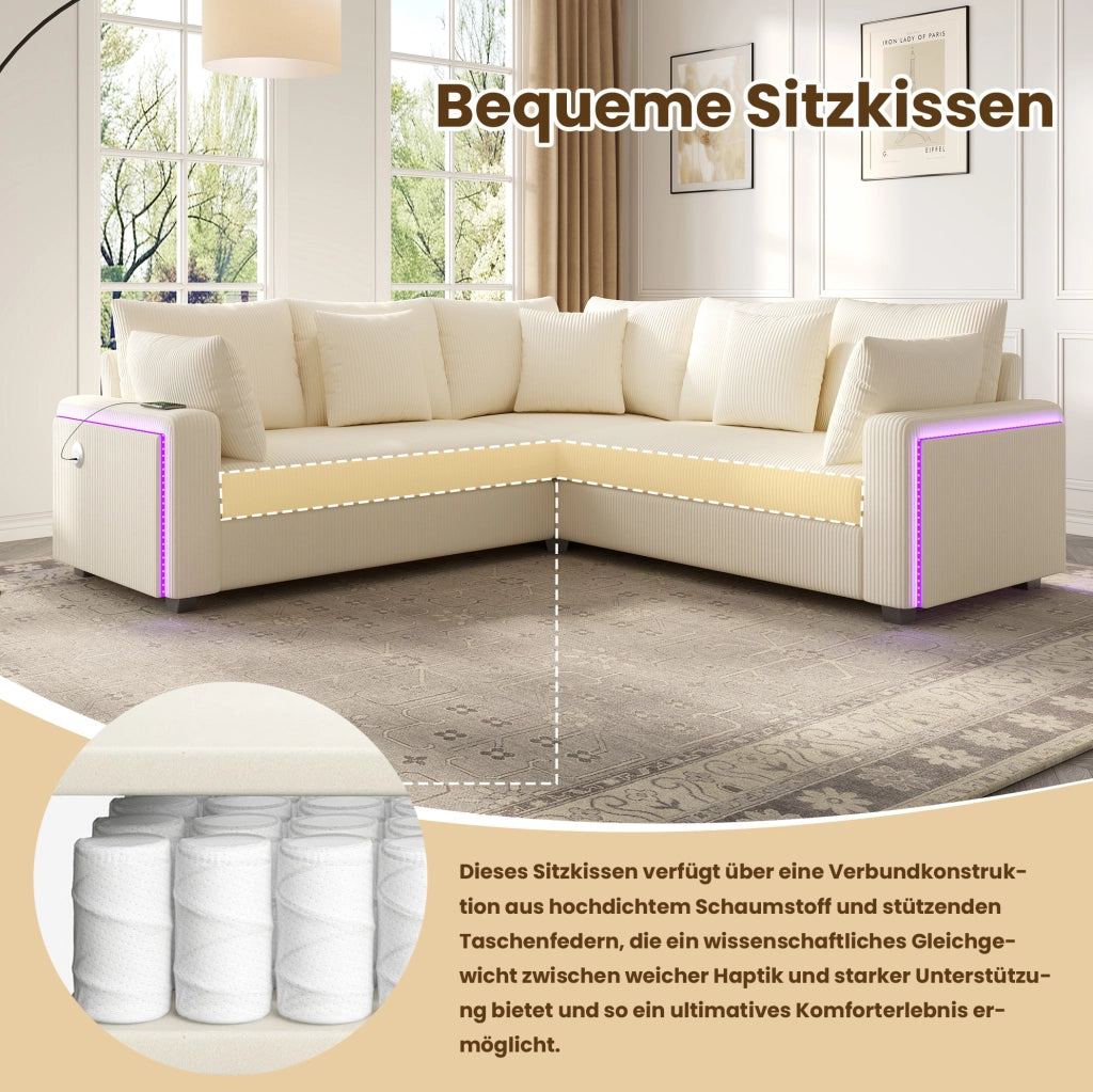 Divano angolare modulare 198x198 cm in velluto a coste beige con LED; USB e USB-C