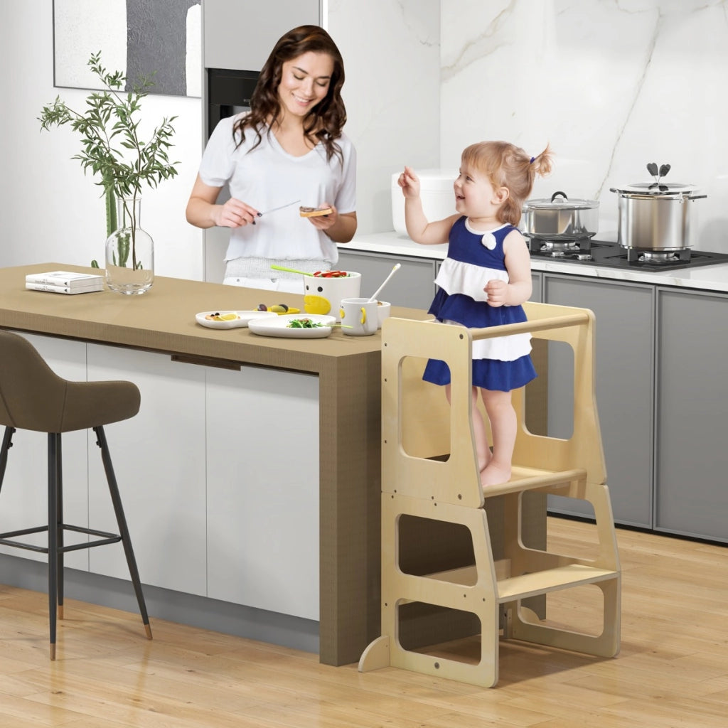Torre apprendimento da cucina pieghevole per bambini 3 in 1, Sgabello montessori per bambini con lavagna Naturale