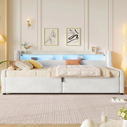 Letto singolo con contenitore 90x200 cm LEMONMAX, LED multicolore, testiera imbottita, salvaspazio per cameretta, MDF e tessuto, beige