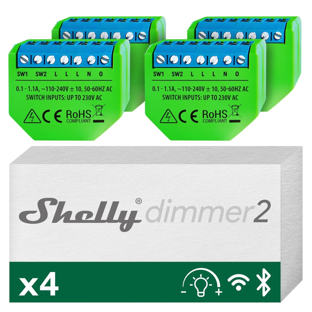Shelly Dimmer 2, confezione da 4 pezzi, dimmer Smart Home WLAN, compatibile con Alexa, montaggio dietro presa/interruttore della luce, lampadine alogene e a incandescenza fino a 220 W