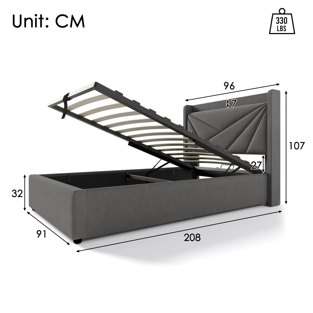 LETTO Contenitore 90x200 cm Grigio in cotone e lino con USB e Type-C