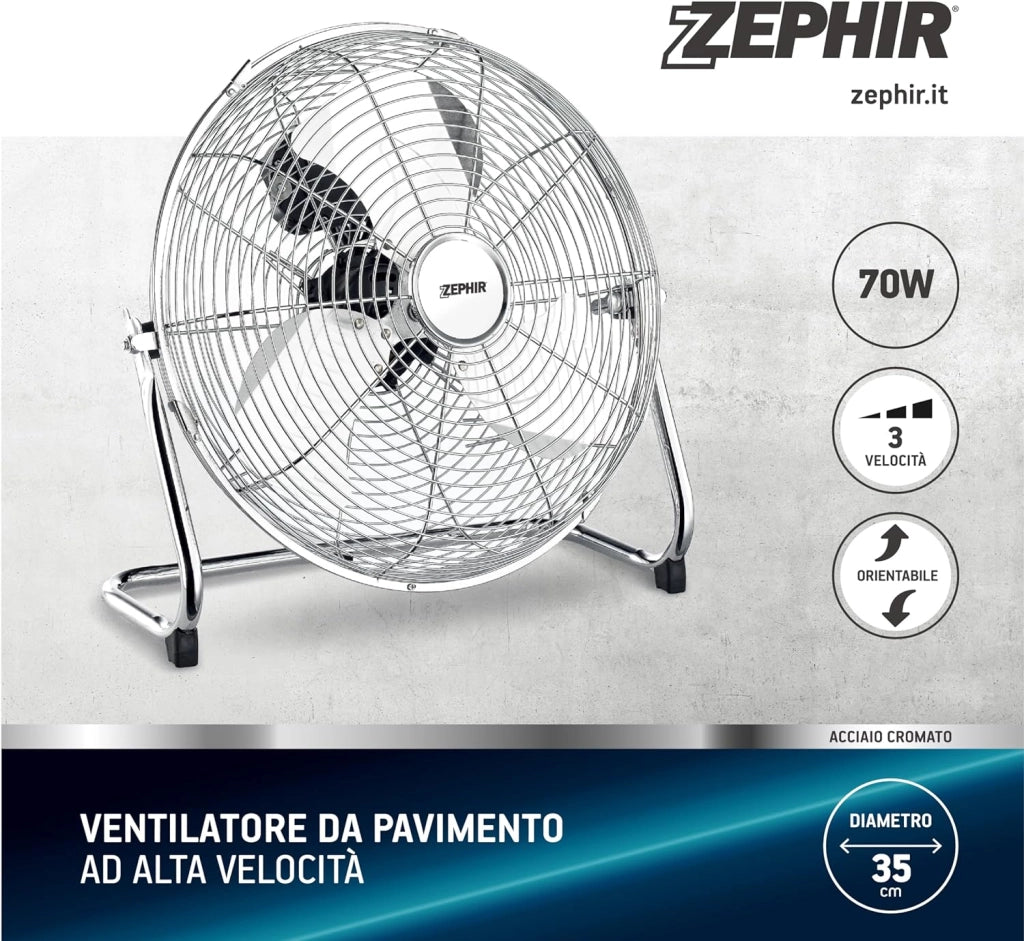 Zephir, Ventilatore Industriale da Pavimento, Alta Velocità, Acciaio Cromato, Pala 35cm, Inclinazione regolabile, Potenza 70W