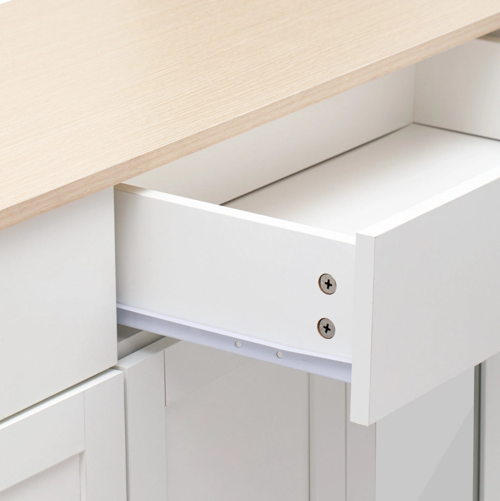 Credenza sideboard rustica 120 cm in MDF bianco e effetto legno; 2 cassetti e 4 ante