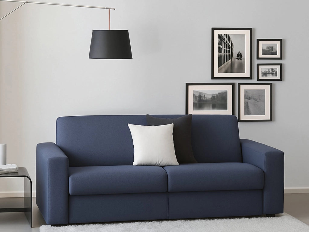 Divano fisso Cianite, Divano a 2 posti Large, Made in Italy, Sofà\  Soggiorno, in tessuto imbottito, con Braccioli slim, cm 180x95h90, Blu