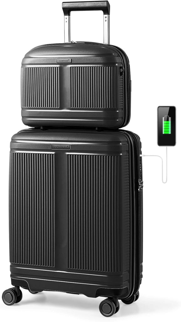 Set di Bagagli da 2 Pezzi, Valigia Trolley da 20" e Casetta da Trucco da 14" in Materiale PP Rigido Leggero con Lucchetto TSA, Porta USB e Ruote Girevoli, Bagaglio a Mano Espandibile (Nero)