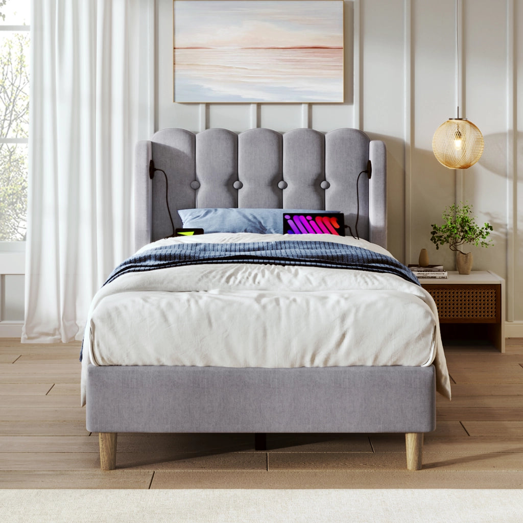 letto imbottito in lino grigio 90 x 200 cm