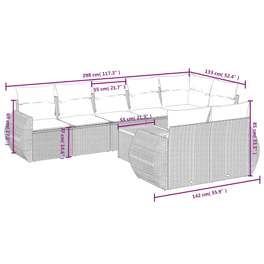 Set Divani da Giardino 9 pz con Cuscini Nero in Polyrattan 3225091