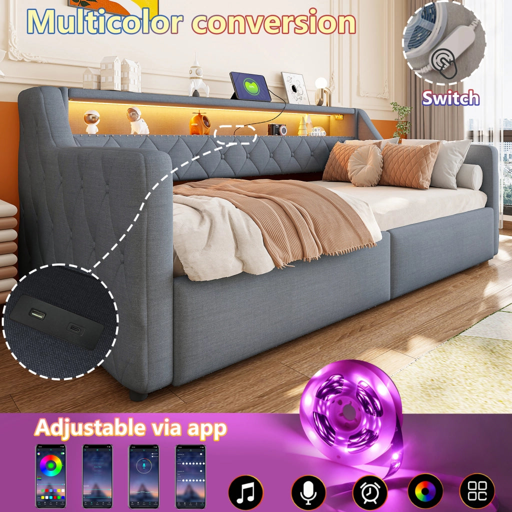 Letto divano 90 × 200 cm con LED, contenitore idraulico, USB e Type-C, senza materasso, grigio