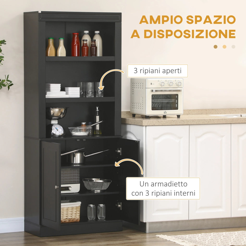 Credenza Cucina in Legno con Ripiani e Armadietto 2 Ante con Mensole Regolabili, per Salotto e Soggiorno, Nero