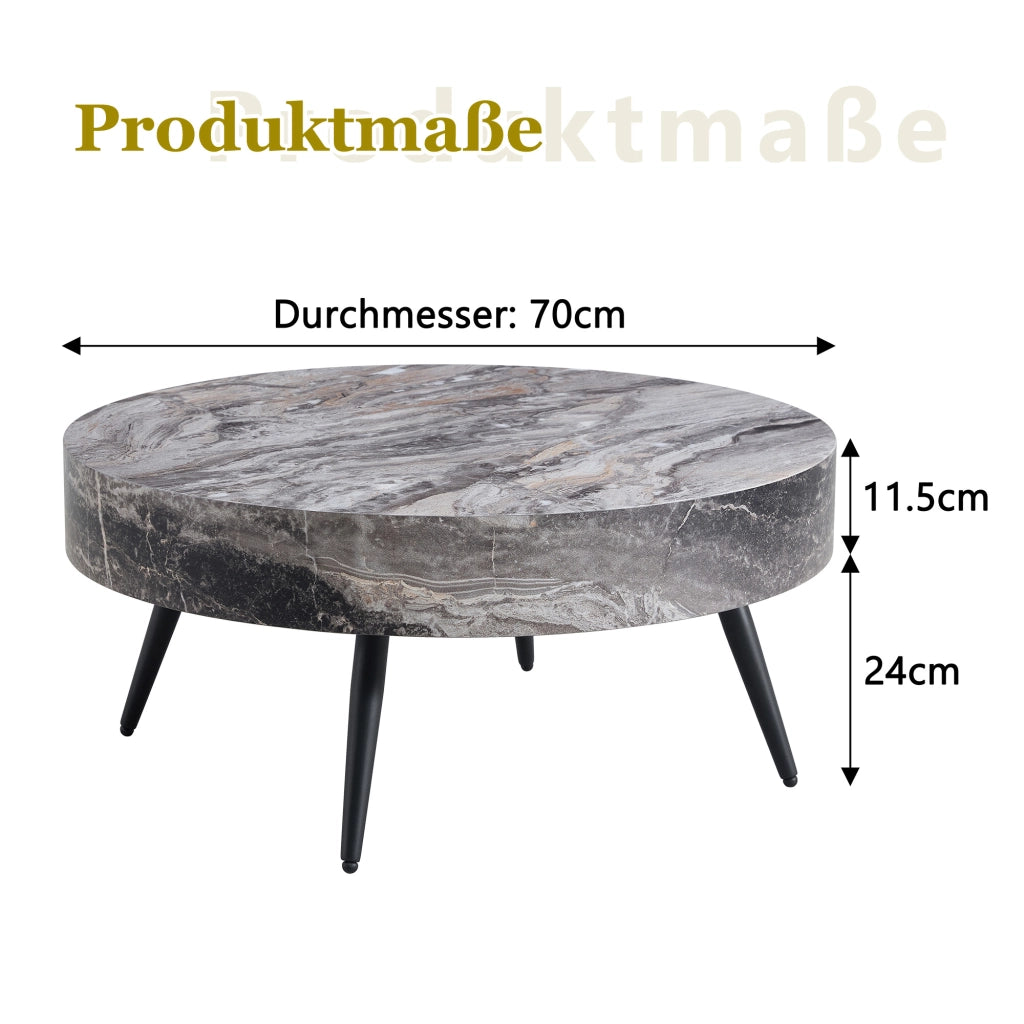 Tavolino rotondo da caff¨¨ con diametro di 70 cm in MDF effetto marmo grigio e gambe in metallo nero. Design minimalista, ideale per soggiorni e piccol