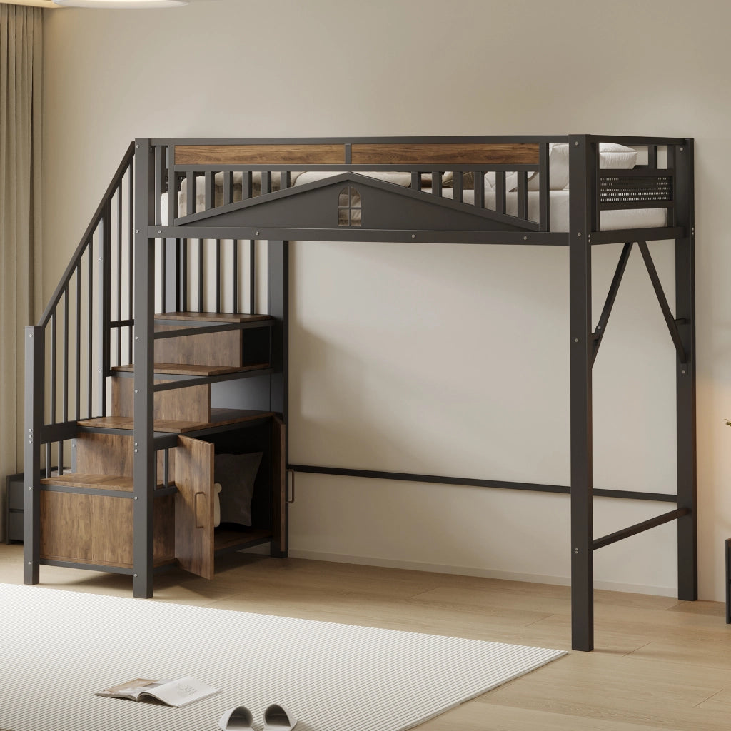 Letto a soppalco in metallo con scala contenitore; protezione a finestra e spazio sotto il letto; nero; 90x200 cm; senza materasso
