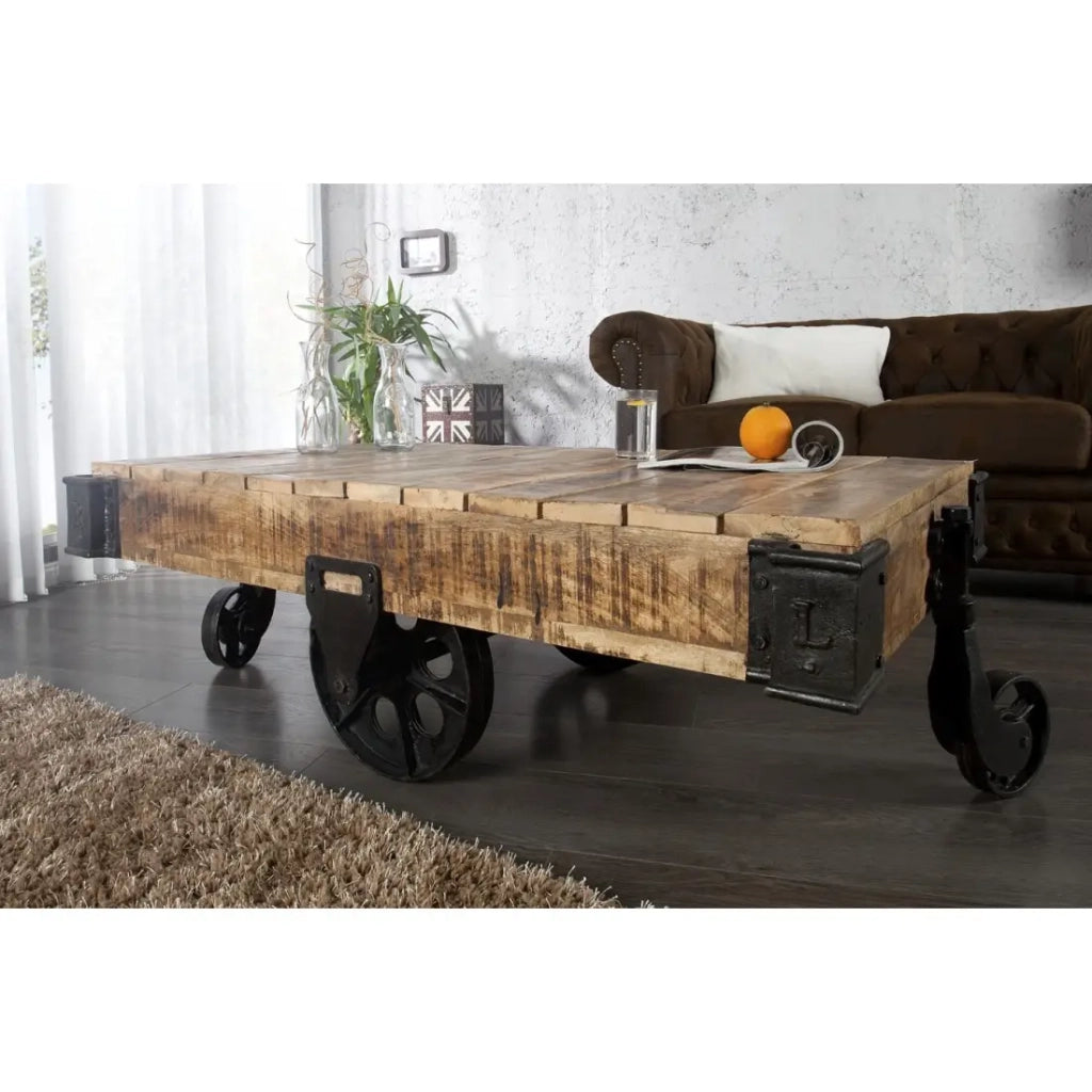 Tavolino basso RAIL industriale su ruote 110 cm – Legno di mango massiccio e metallo