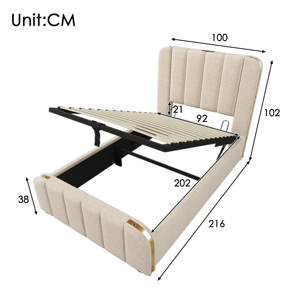 letto imbottito lino beige 90 x 200 cm
