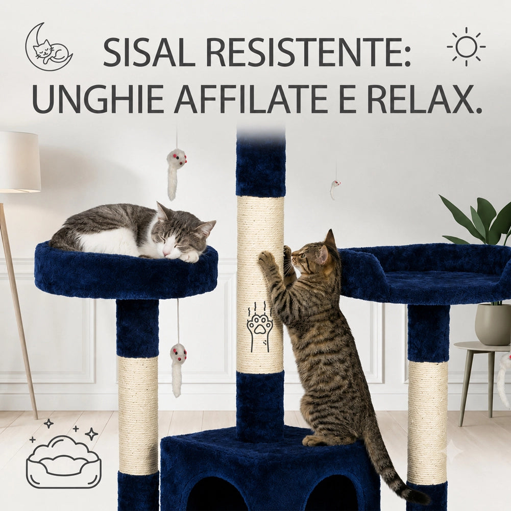 Tiragraffi Per Gatti Albero Sisal Parco Giochi Gatto Tira Graffi 170cm Blu Scuro