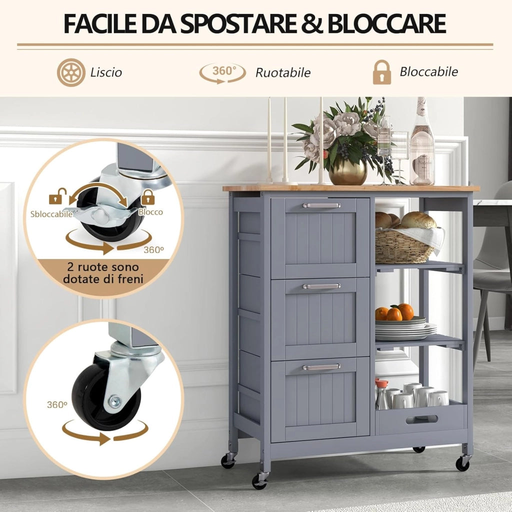 Carrello da Cucina con Ruote, Credenza Cucina con 4 Ripiani e 3 Cassetti, in Legno, Ideale per Cucina Ristorante e Bar, 67 x 37 x 83,5 cm (Grigio)
