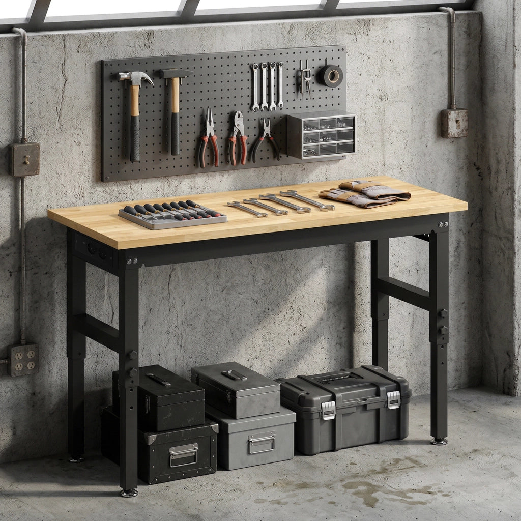 Banco da Lavoro Regolabile ¨C Xylo ¨C Legno e Acciaio, 2 Prese AC, 900 kg