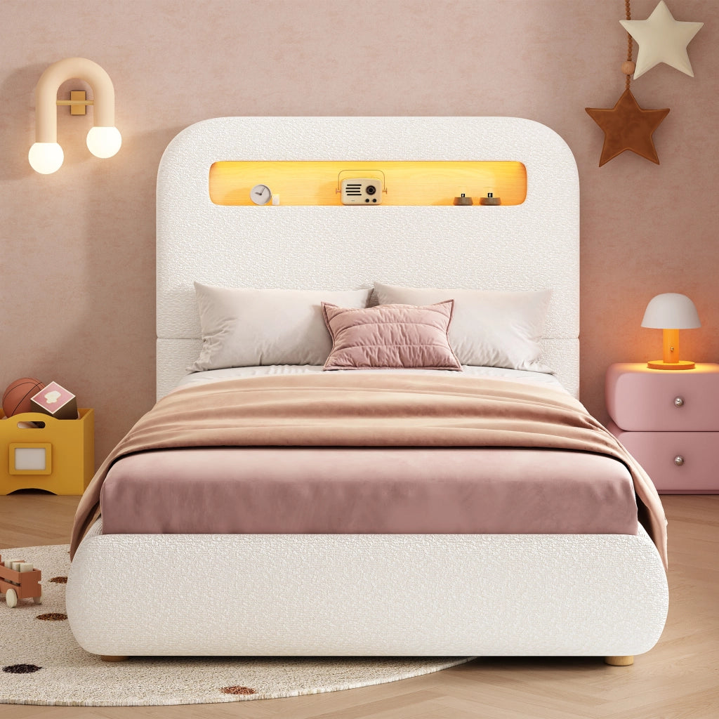 DESMIU Letto bambino 90 × 200 cm con contenitore idraulico, LED, senza materasso, in bouclé bianco