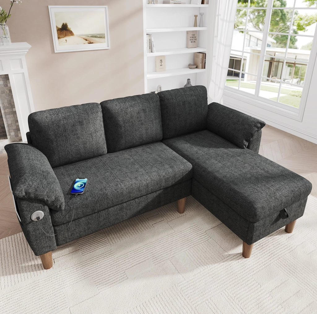 Divano angolare L 3 posti con chaise longue contenitore reversibile; USB e Type-C; grigio scuro