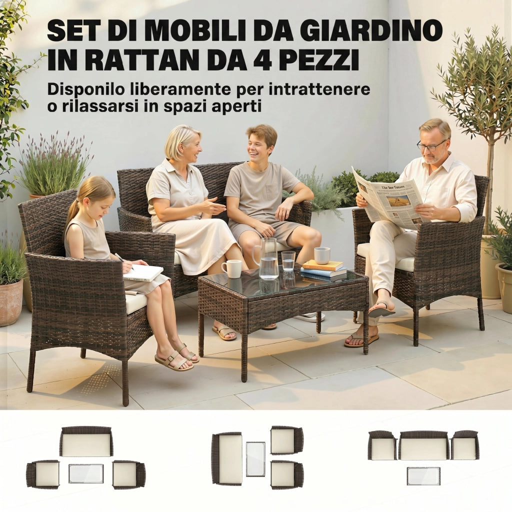 Set da Giardino 4 Pezzi con Divano 2 Posti ¨C Minimal ¨C Rattan, Acciaio, Beige, Marrone