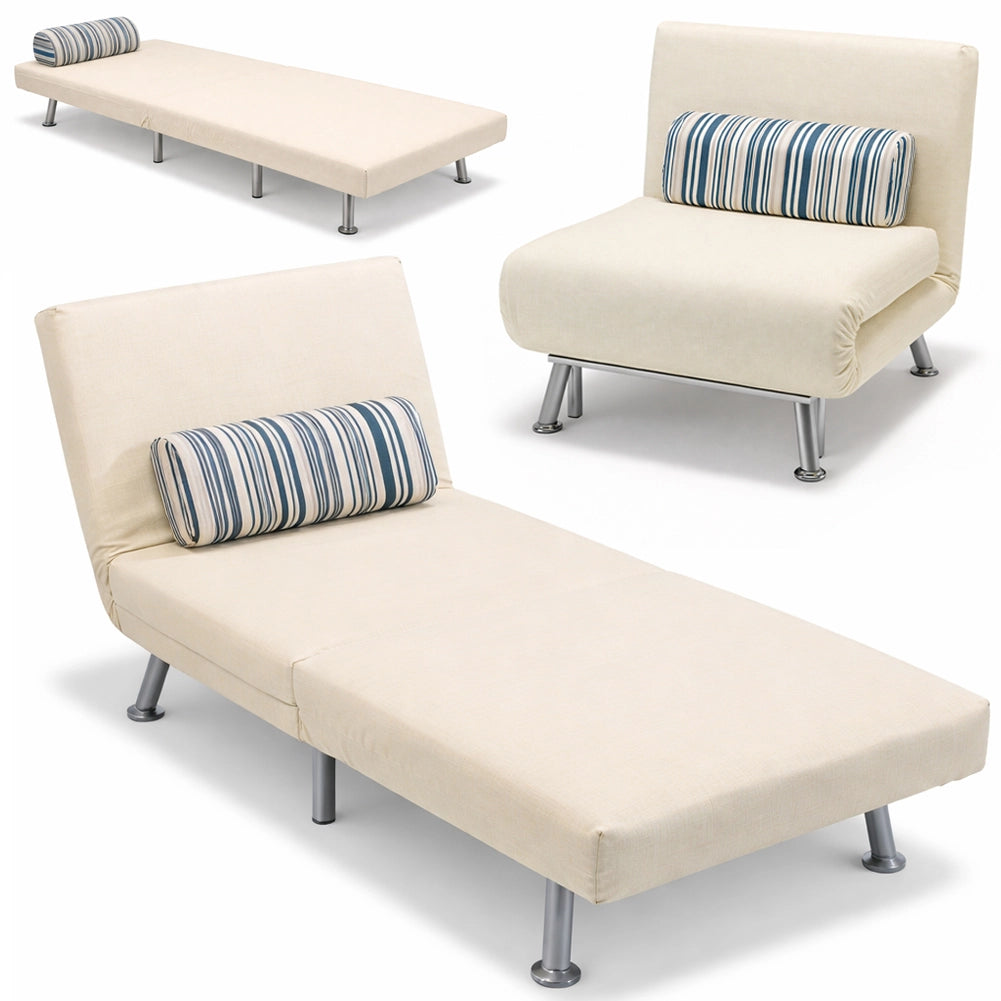 Poltrona Letto Singolo 75x73x73 cm Reclinabile 5 Posizioni in Ferro e Tessuto Crema