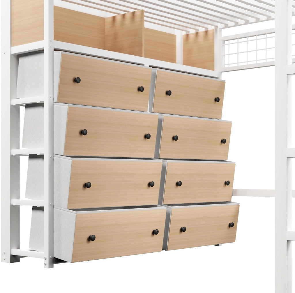 Letto a soppalco 140x200 cm con 8 cassetti, mensole e luce LED