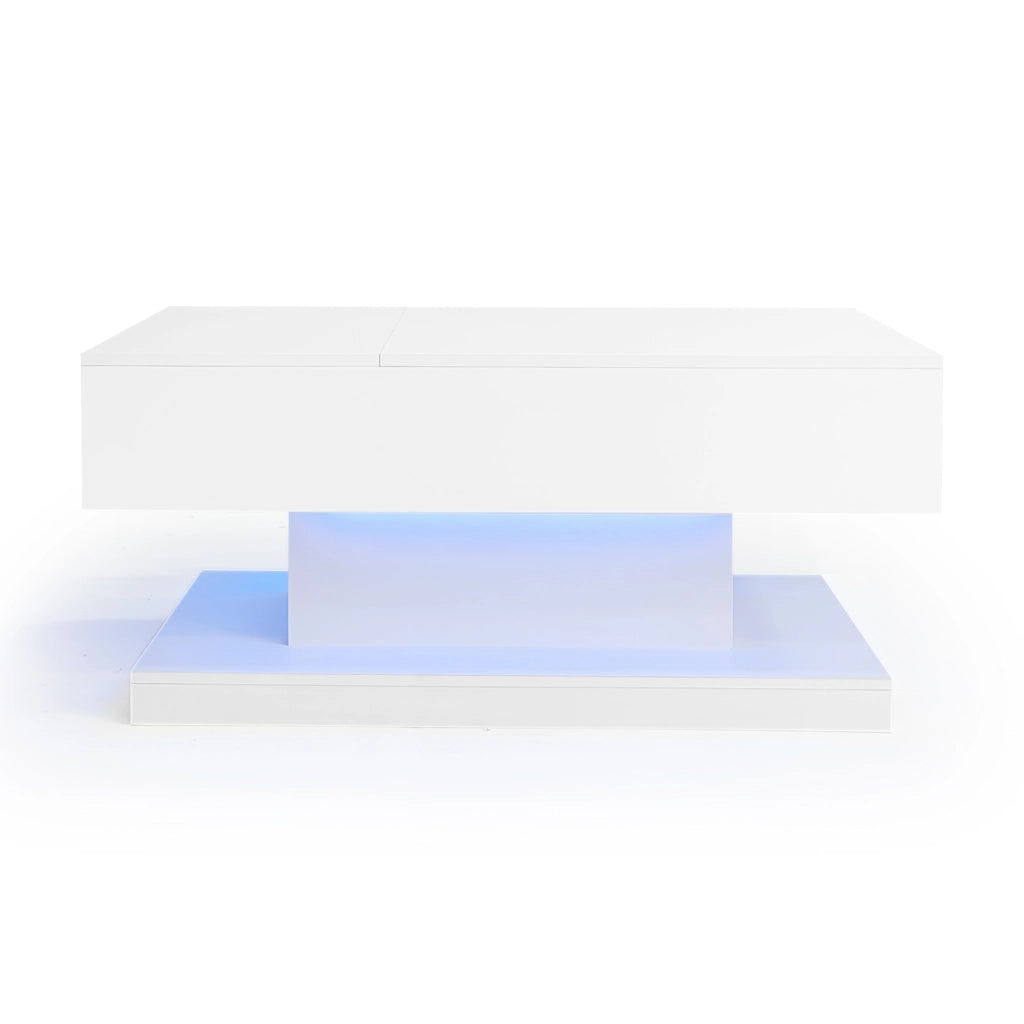 Tavolino da salotto bianco lucido 100x50x45 cm con sollevamento idraulico, funzione scorrevole laterale, LED e vano contenitore