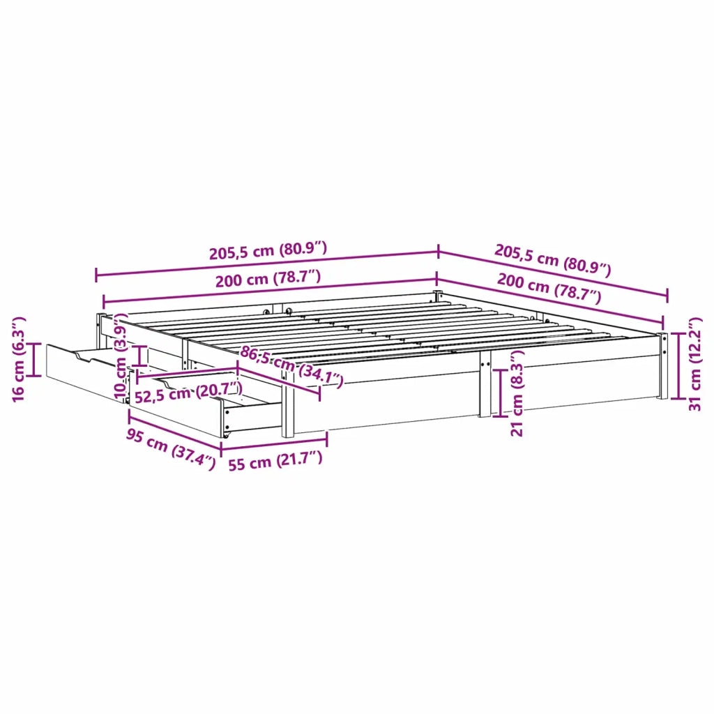 Struttura del letto con cassetto-Giroletto con contenitore-Rete del Letto Marrone cerato 200 x 200 cm 868582