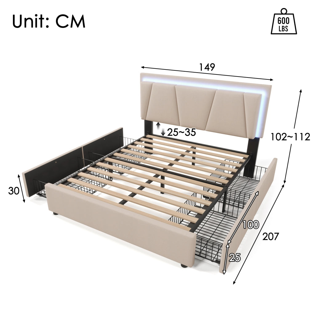 DESMIU Letto matrimoniale 140 × 200 cm con 4 cassetti, LED, testiera regolabile, senza materasso, beige