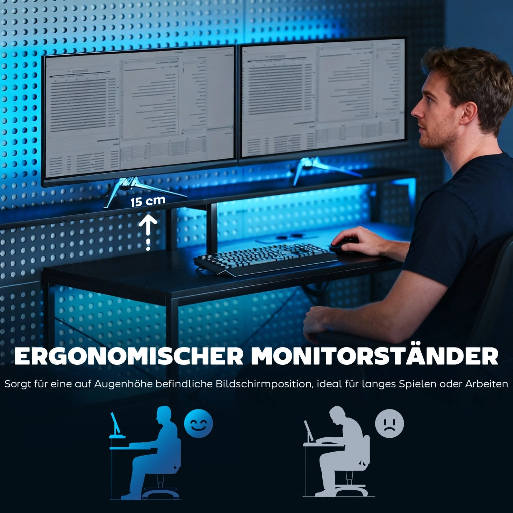 Scrivania Gaming Angolare con LED e Monitor ¨C Xylo ¨C 165x80x91,5 cm Nero Legno