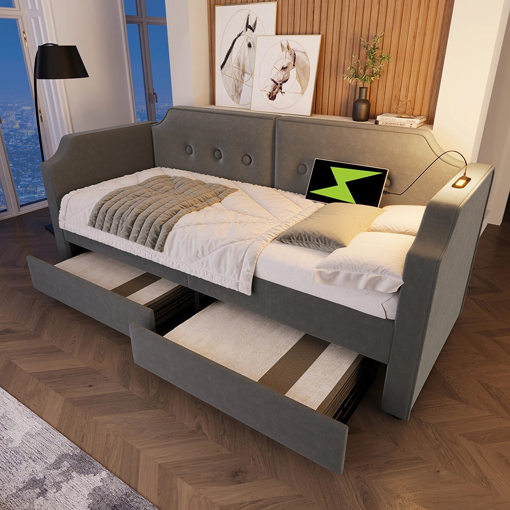 Letto a sedia con luce USB-C - Xylo - 90x200 cm - Grigio - 2 cassetti