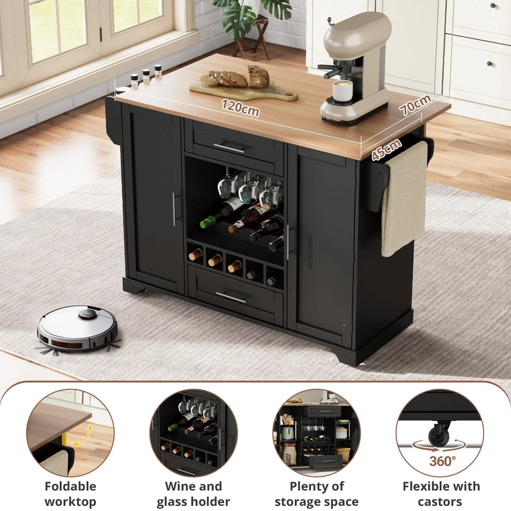 Carrello da Cucina Multifunzione con Piano Pieghevole, Portabottiglie, Portabicchieri ¨C Xylo ¨C Nero, 120x45x92 cm