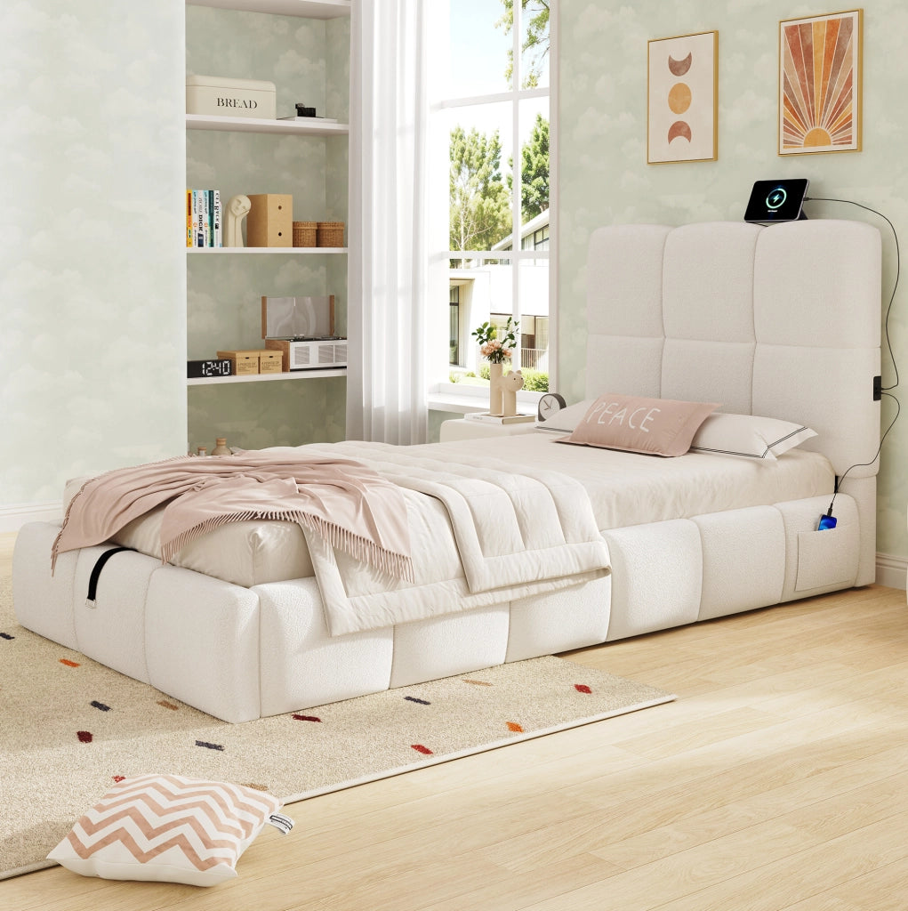 Letto singolo imbottito con contenitore, rete inclusa e porta USB