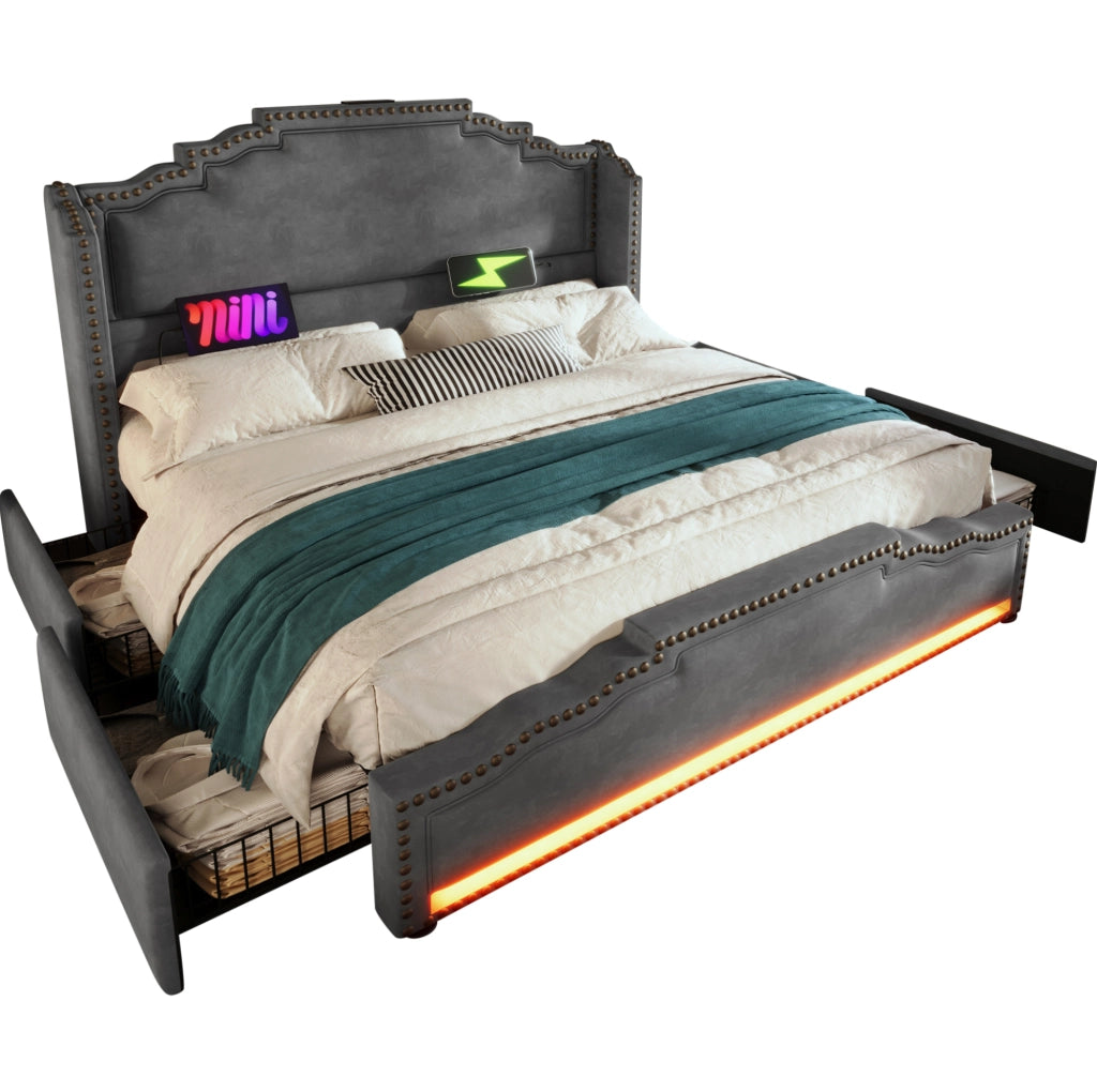Letto matrimoniale 180x200 con 4 cassetti, LED e porte USB-C