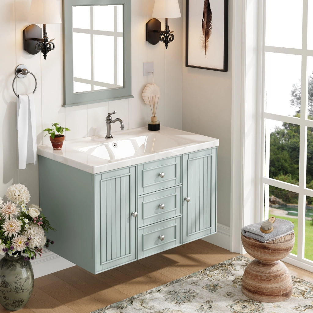 Mobile bagno sospeso con 3 cassetti; lavabo in ceramica e vano contenitore per bagno; verde; 78.5×46×46.8 cm
