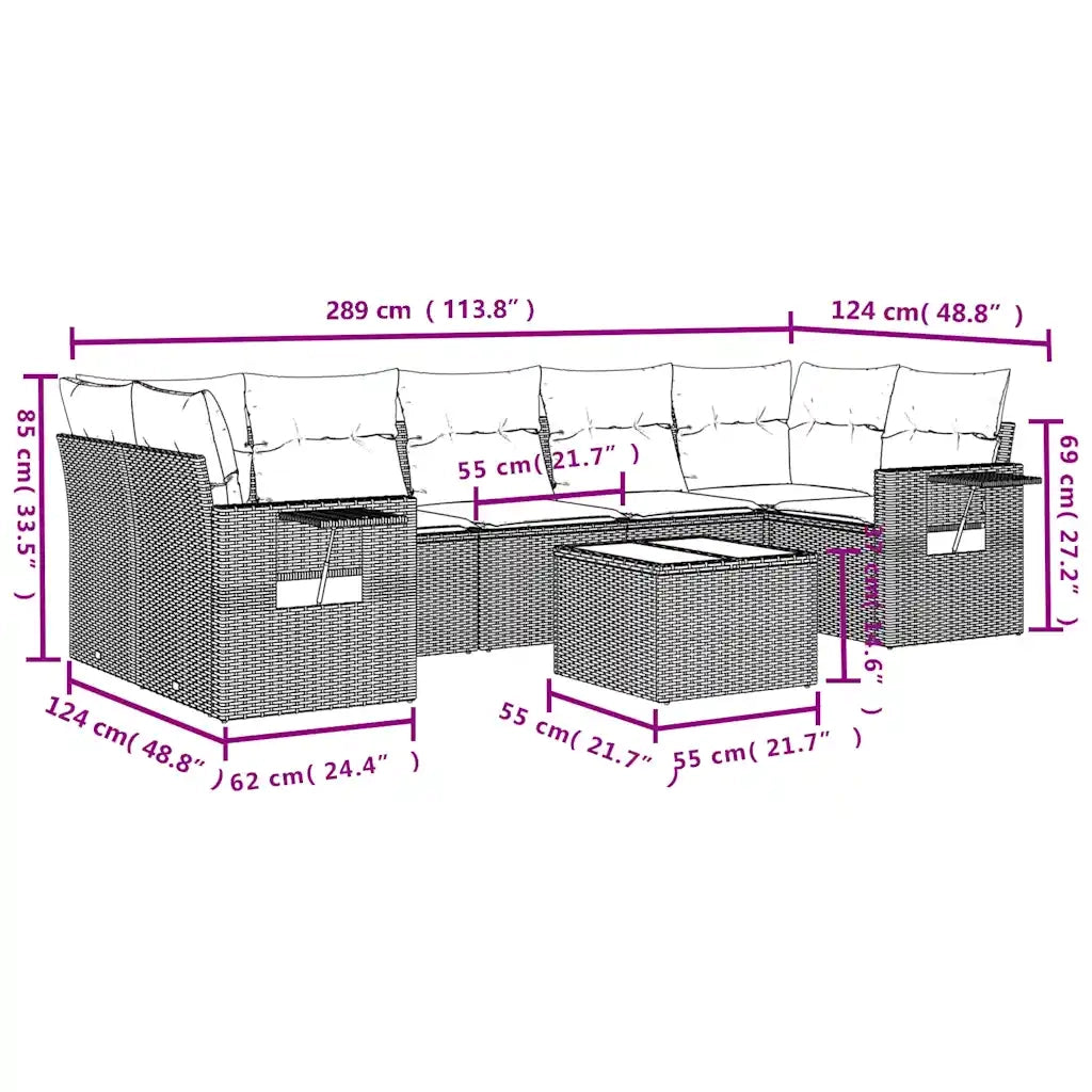 Set Divani da Giardino 8 pz con Cuscini Grigio in Polyrattan 3219940