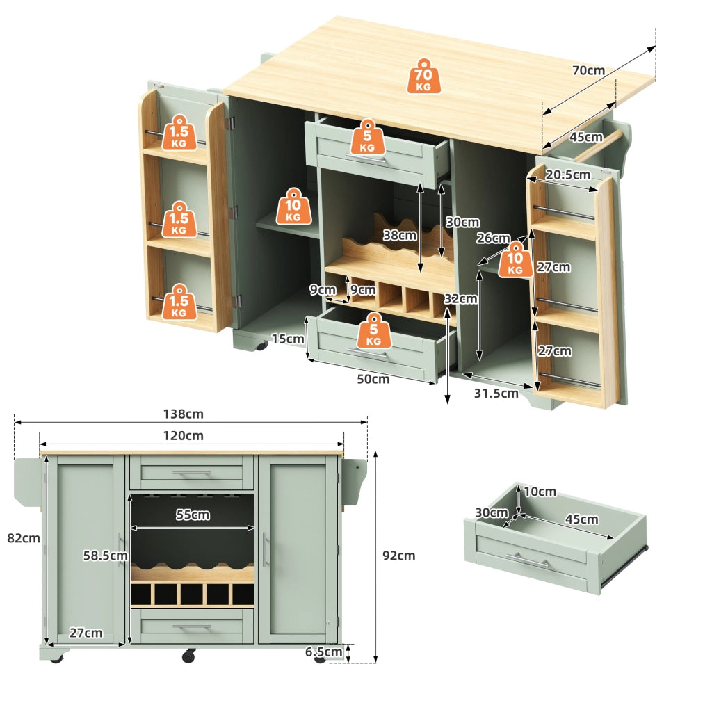 Carrello da cucina con piano estraibile; 2 ante e 2 cassetti con porta bottiglie; in MDF; verde antico; 138×70×92 cm