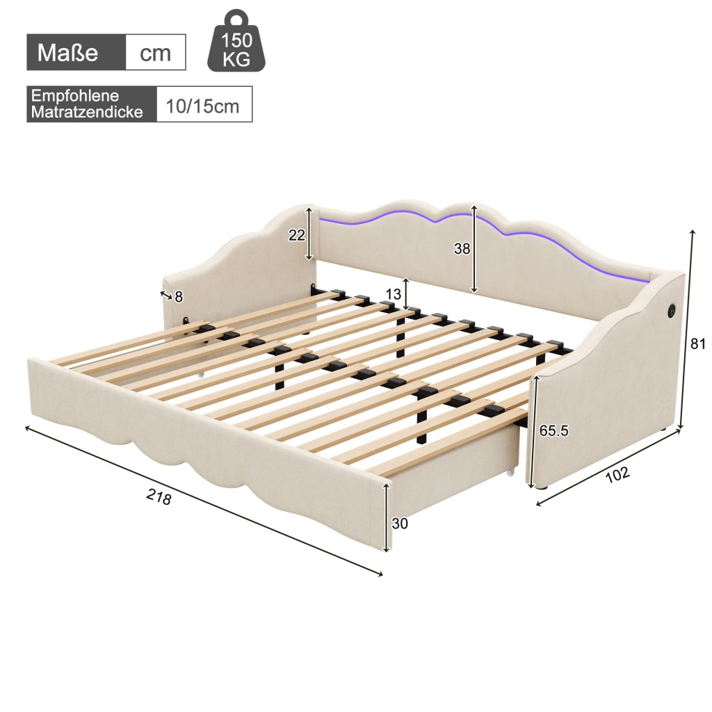 Letto Estraibile 90x200 cm e 180x200 cm con USB; Type-C e LED in Velluto Beige