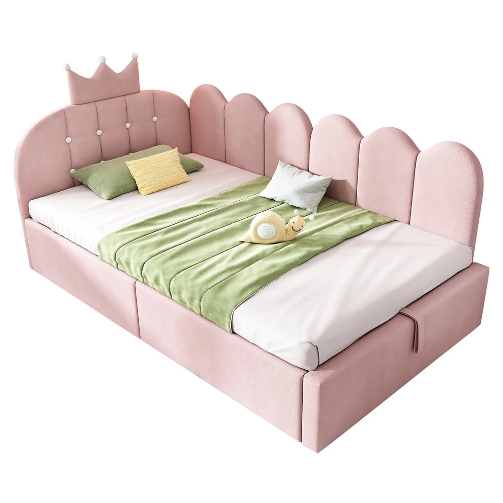 Letto imbottito a giorno - Zephmum-90x200 cm-Rosa-Design griglia corona con stoccaggio idraulico